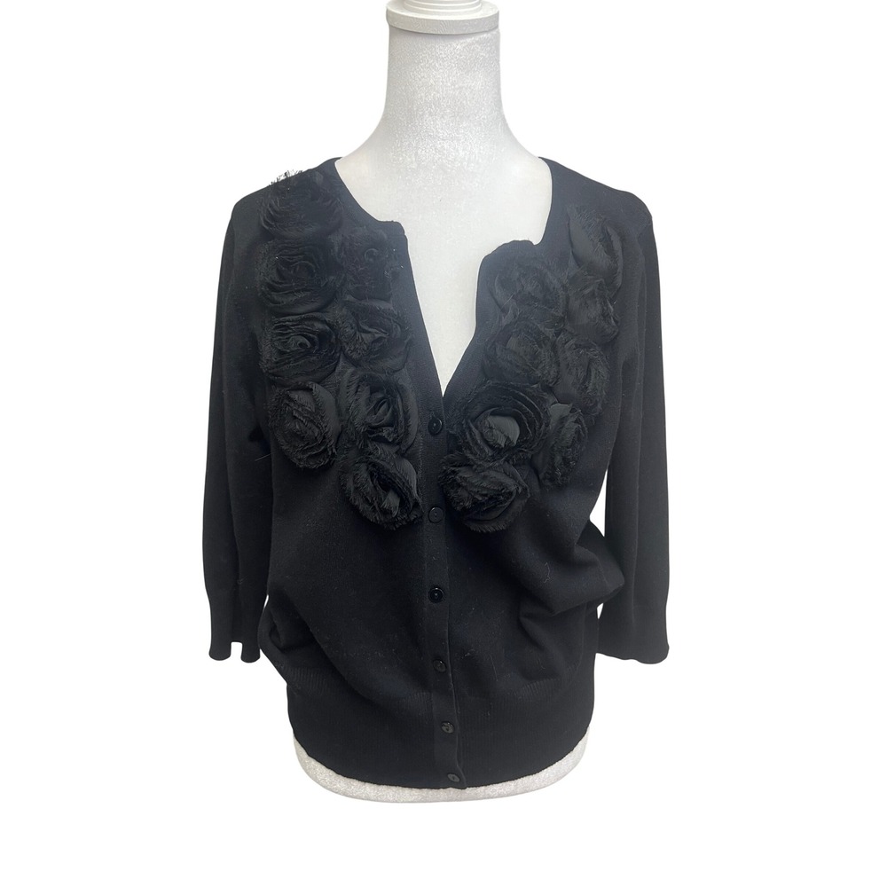 RED Women Cardigan Sweater 1X Black 3D Rosette Floral 3/4 Sleeve Knit Coquette
